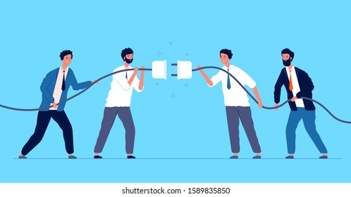 Team connected plug. Business people connecting different connectors team managers cooperation vector concept