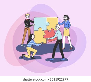 Team connecting puzzle parts. People building jigsaw solution together. Vector illustration for business community, merger, teamwork, thinking, collaboration concept