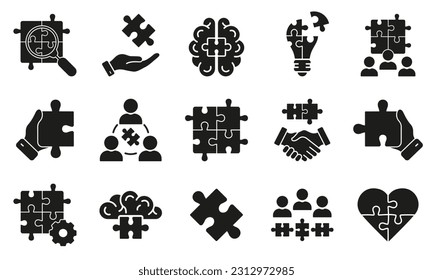 Team Connection, Communication Management Glyph Pictogram. Jigsaw Puzzle Pieces Together Solid Symbol Collection. Business Partnership, Teamwork Silhouette Icon Set. Isolated Vector Illustration.