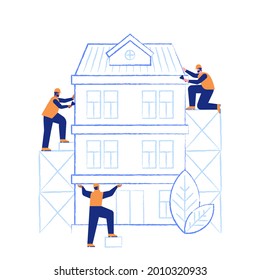 Team of construction engineers building house concept. Workers create house via plan, repairmen make repairs or renovation of home. Real estate business. Vector illustration scene with characters
