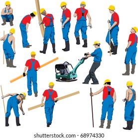 Team of Construction workers in blue work wear an yellow helmets. Vector illustration. Other vector people in my portfolio.