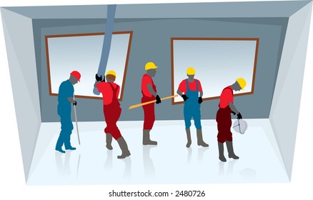 Team of construction workers building new concrete house