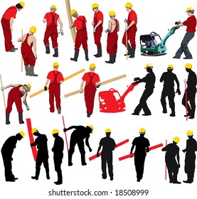 Team of Construction workers in red workwear an yellow helmets. Other vector illustrations & silhouettes of people in my portfolio.