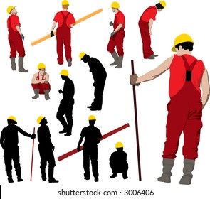 Team of Construction workers in red workwear an yellow helmets. Vector illustration and silhouettes