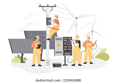 Team of construction workers with wind turbines and solar panels. Installation or repair of electric utility poles flat vector illustration. Maintenance service, electricity, renewable energy concept