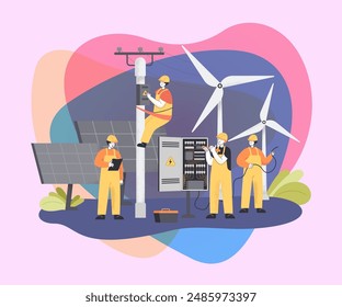 Team of construction workers with wind turbines and solar panels. Installation or repair of electric utility poles flat vector illustration. Maintenance service, electricity, renewable energy concept