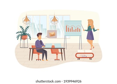 El equipo de administradores de contenido trabaja en la escena de la oficina. El hombre escribe texto en una laptop. Woman analiza estadísticas de sitios web. Plan de contenido, concepto de promoción. Ilustración vectorial de personajes de diseño plano