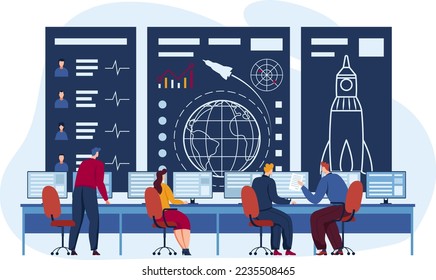 Team control space, station people, scientific modern technologies, exploration universe, design, flat style vector illustration.