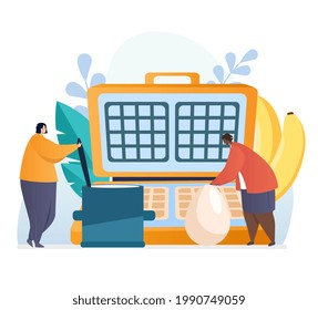 Team cook belgian waffle with delicious fruit and cream for lunch in cafe. Happy guys mixing ingredients. Flat abstract metaphor cartoon vector concept doodle design isolated on white background