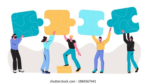 Team of cooperating business people holding up puzzle pieces, cartoon vector illustration isolated on white. Teamwork, collaboration and partnership.