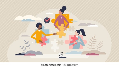 Team cooperation as business partnership or collaboration tiny person concept. Jigsaw puzzle as creative ideas in brainstorming for startup company vector illustration. Find solution in people synergy