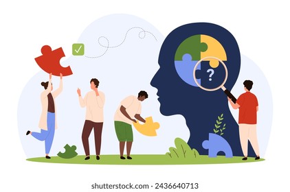 Team cooperation and challenge of partnership, brainstorming idea or complex solution. Tiny people building puzzle inside head, study pieces with magnifying glass to fit cartoon vector illustration
