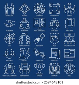 Team cooperation line icon set. Vector illustration with editable line.