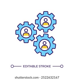 Ícone de cor RGB de cooperação em equipe. Trabalho em equipe ou conceito de colaboração. Pessoas com engrenagens. Processo de otimização. Ilustração isolada de vetor. Desenho de linha preenchido simples. Traçado editável