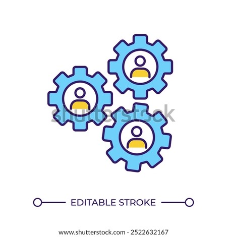 Team cooperation RGB color icon. Teamwork or collaboration concept. People in gears. Optimization process. Isolated vector illustration. Simple filled line drawing. Editable stroke