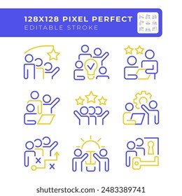 Team cooperation two color line icons set. Team members interaction bicolor outline iconset isolated. Team achievement. Problem solving. Brainstorming. Duotone pictograms thin linear. Editable stroke
