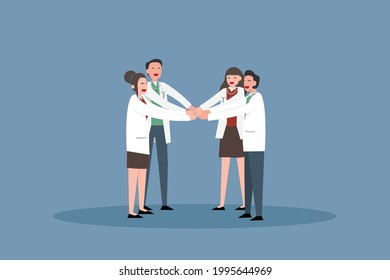 Team cooperation vector concept: Group of doctors holding hands together while standing with uniforms