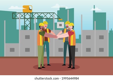 Team cooperation vector concept: Group of contractors join hands together while standing in work place 
