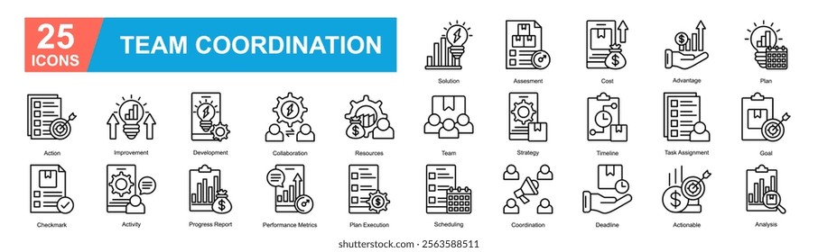 Team Coordination Icon Sheet Action, Improvement, Development, Collaboration, Resources, Team, Strategy, Timeline, Task Assignment, Goal, Plan, Checkmark, Activity, Progress Report, Performance Metric