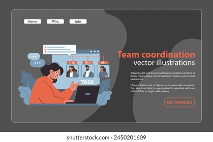 Team Coordination and Task Management set. Project leader orchestrates team efforts, assigning roles for efficient workflow. Flat vector illustration.