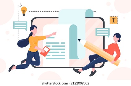 Team of copywriters concept. Man and girl write article, filling sites. Modern technologies and earnings on Internet. Team of freelancers or SEO specialists. Cartoon flat vector illustration