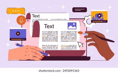 Team of copywriters. Hands with brush and pencil near website page. Editors create articles and interesting content for webpage. Creative bloggers or freelancers. Flat vector illustration