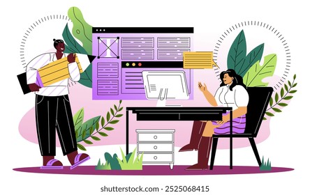 Equipo de redactores en línea. El hombre y la mujer crean artículos interesantes para las páginas del Sitio web. Promoción en redes sociales e Internet. Ilustración vectorial plana aislada sobre fondo blanco