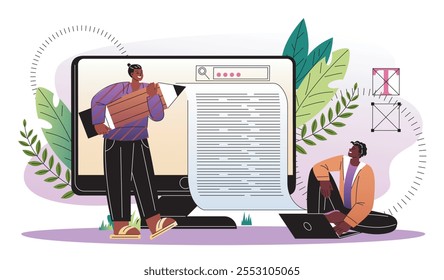 Equipo de redactores. Two men escribe un artículo para Sitio web. Creadores de contenido y máquinas de escribir. Autónomos trabajando en un proyecto común. Ilustración vectorial plana aislada sobre fondo blanco