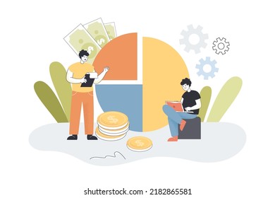 Team of corporate employees working with pie chart. Tiny male analysts analyzing financial statistics flat vector illustration. Budget, economy concept for banner, website design or landing web page