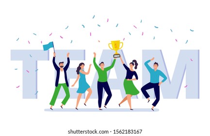 Team of corporate people celebration. Happy office workers celebrate win golden cup, teamwork trophy and success persons. Businessman celebration festival party flat vector illustration