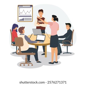 A team of coworkers engage in a discussion around a table, utilizing laptops for collaboration. Flat vector modern illustration.