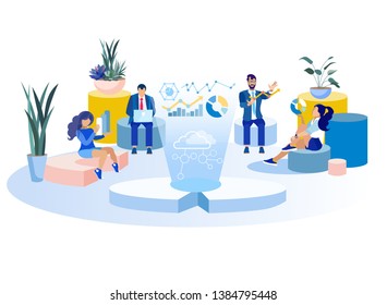 Team Coworking Analyzing Data in Chart Graph Using Modern Technologies and Devises in Creative Office Vector Illustration Male Female Managers Bankers Businesspeople Virtual Information Visualization