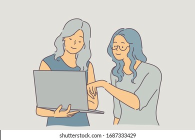 Team, coworking, partnership, discussion, training business concept. Team of young businesspeople businesswomen coworkers partners colleagues discuss project at office together. Teamwork. Flat vector.