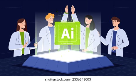 Team create AI concept. Men and women develop artificial intelligence, bot. Machine learning, modern technology and inovation. Scientist writing codes. Cartoon flat vector illustration