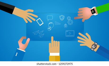 Team create plan for social media concept illustration collaboration together on top of the table vector. vector