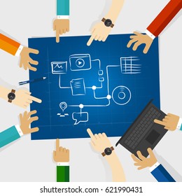team create plan for social media and digital marketing online strategy in a blue print sketch internet technology 