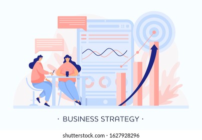 Team creates a business strategy for a company or startup. Analyze graph and chart, research, brainstorm and form mission of a company. Targeting for success. Flat people vector illustration. Vector