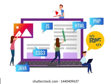 Team creates a website and writes programming code. Concept for web page, banner, social media. Vector illustration isolated on white. 