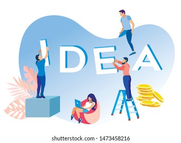 Team Creating Idea Flat Cartoon Vector Illustration. Generating or Brainstorming. People Setting up Word. Girl Sitting on Chair Working at Laptop. Men on Ladder and Platform. Coins Pile.