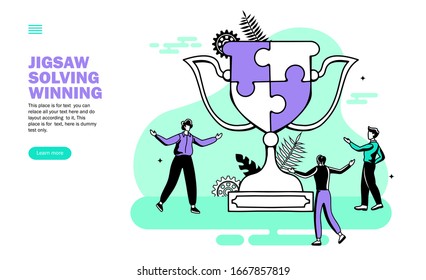 team creating winning trophy with jigsaw puzzle vector illustration