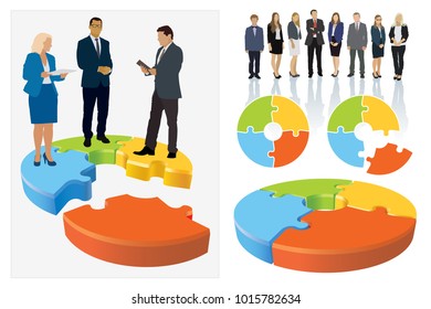Team creation. Create your own business team. Design elements. Businesspeople are standing on jigsaw puzzle shown as an organizational structure of the company.