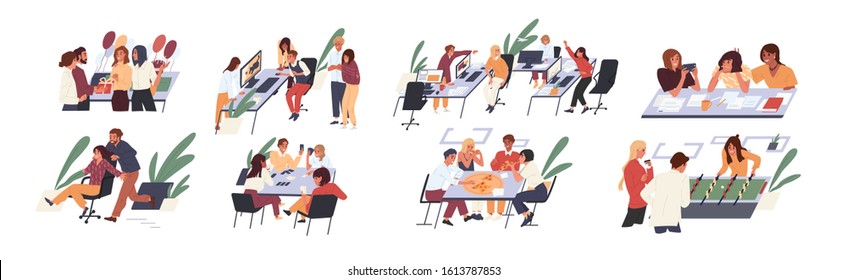 Team creative people having fun at office set vector flat illustration. Collection cartoon character rejoicing break at work isolated on white background. Happy corporate man and woman playing games.