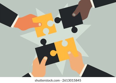 Team and creative work. Hands solving puzzle.