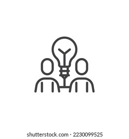 Team creativity line icon. Creative idea linear style sign for mobile concept and web design. Two person and light bulb outline vector icon. Symbol, logo illustration. Vector graphics