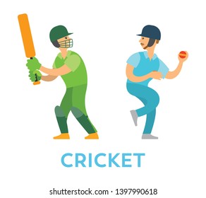 Team of cricket players vector, characters wearing special uniform and helmets isolated people with bat and ball. Tournament competition flat style