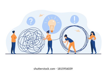 Team of crisis managers solving businessman problems. Employees with lightbulb unraveling tangle. Vector illustration for teamwork, solution, management concept