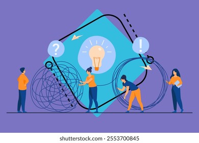 Team of crisis managers solving businessman problems. Employees with lightbulb unraveling tangle. Vector illustration for teamwork, solution, management concept