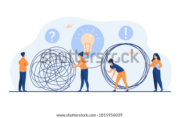 Team of crisis managers\
solving businessman problems. Employees with lightbulb unraveling\
tangle. Vector illustration for teamwork, solution, management\
concept