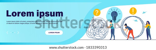 Team of crisis managers
solving businessman problems. Employees with lightbulb unraveling
tangle. Vector illustration for teamwork, solution, management
concept