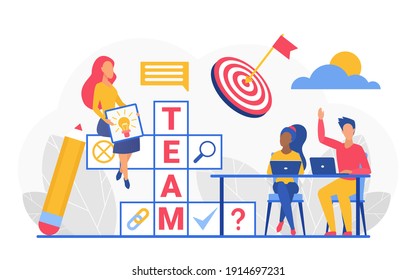 Team-Kreuzworträtsel, Vektorgrafik. Cartoon-Geschäftsleute, die neben dem Kreuzworträtsel mit Teamwort arbeiten, mit Laptops und Glühbirnen-Ideensymbol sitzen, Erfolgsteamwork einzeln auf Weiß